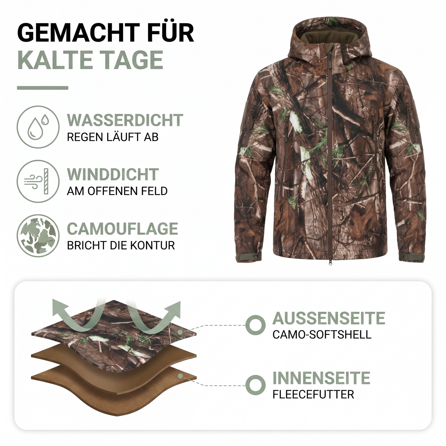 Softshelljacke Herren Camouflage - Jagdjacke - wasserdicht - winddicht