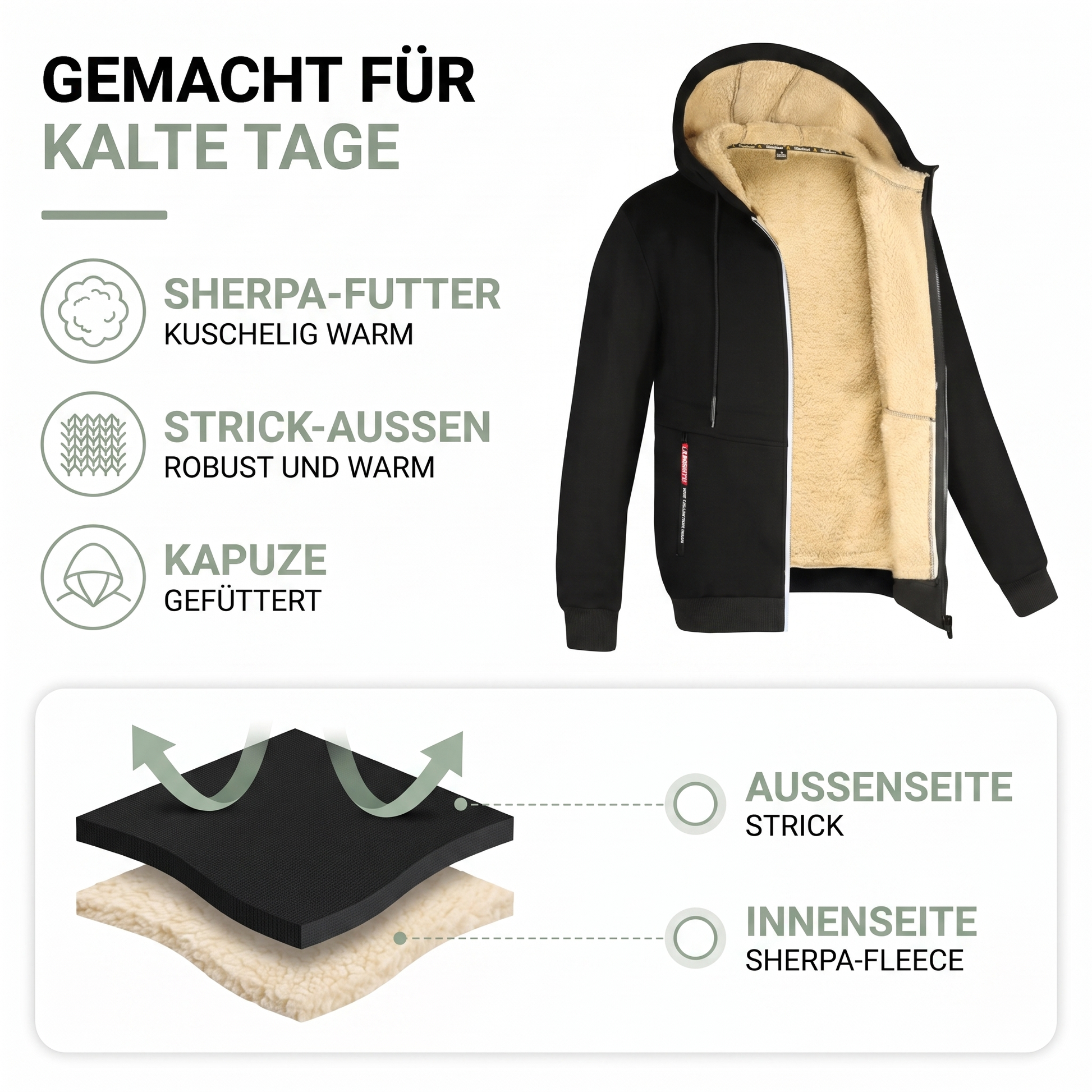 Kapuzenjacke Herren - Strickjacke mit Kapuze - Sherpa-Fleece-Futter