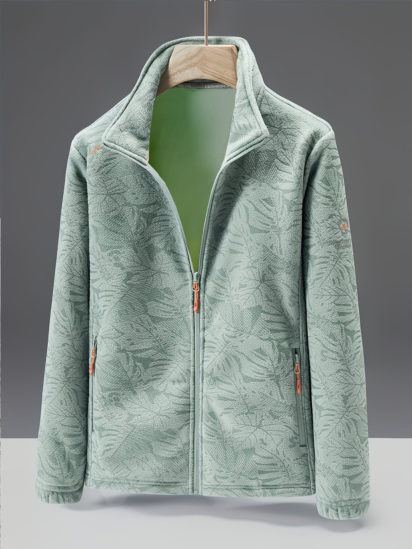 Fleecejacke Damen mit Stehkragen - Blätter-Print - Zwei Reißverschlusstaschen
