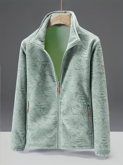 Fleecejacke Damen mit Stehkragen - Blätter-Print - Zwei Reißverschlusstaschen
