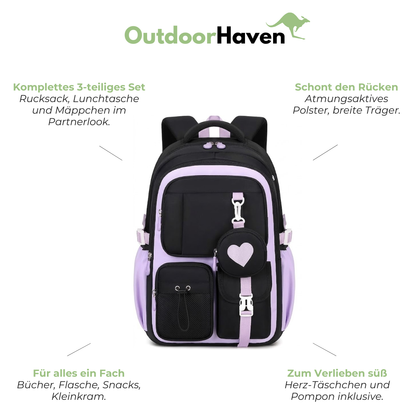 Schulrucksack für Mädchen - 3in1-Set - für Laptop 15,6"