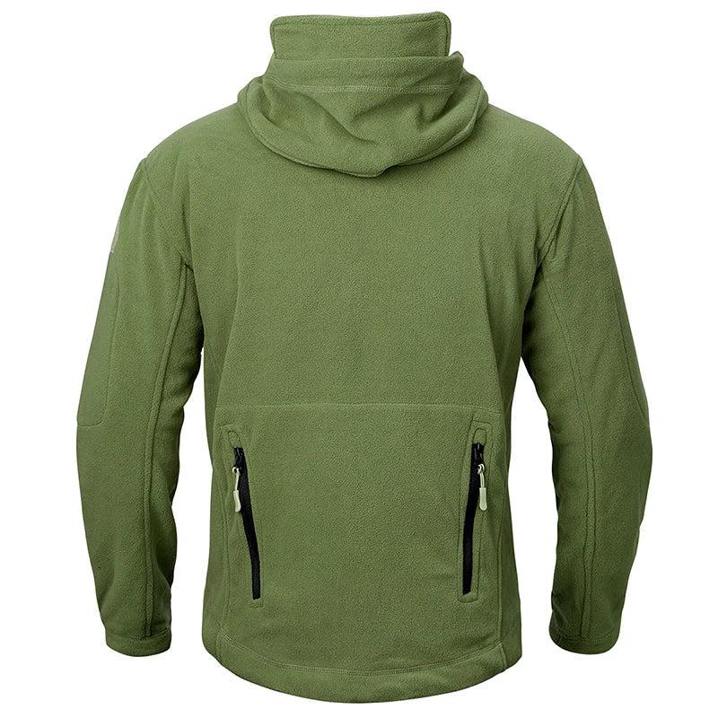 Taktische Fleecejacke in Oliv von hinten, Kapuze am Kragen
