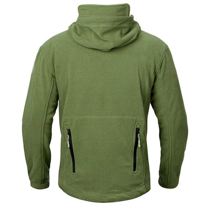 Taktische Fleecejacke in Oliv von hinten, Kapuze am Kragen