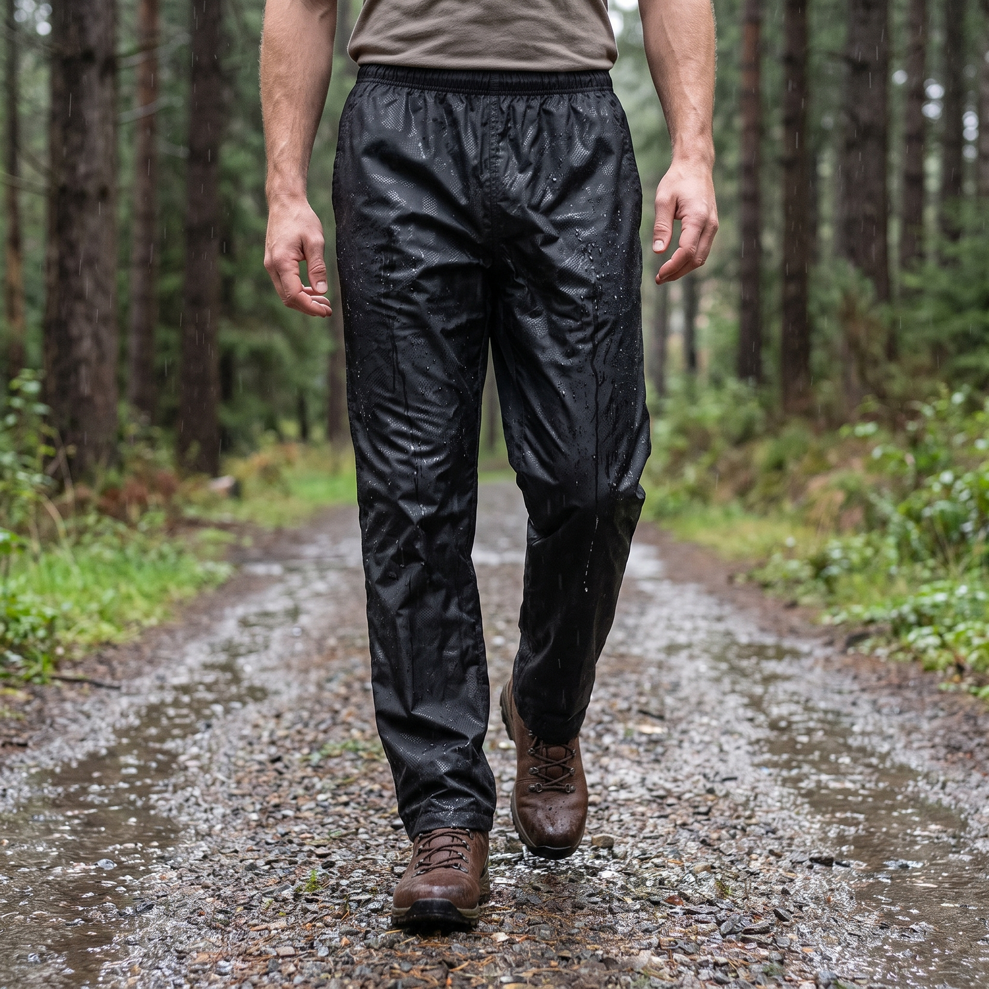 Wanderer in schwarzer Regenüberhose auf einem nassen Waldweg, Tropfen perlen ab