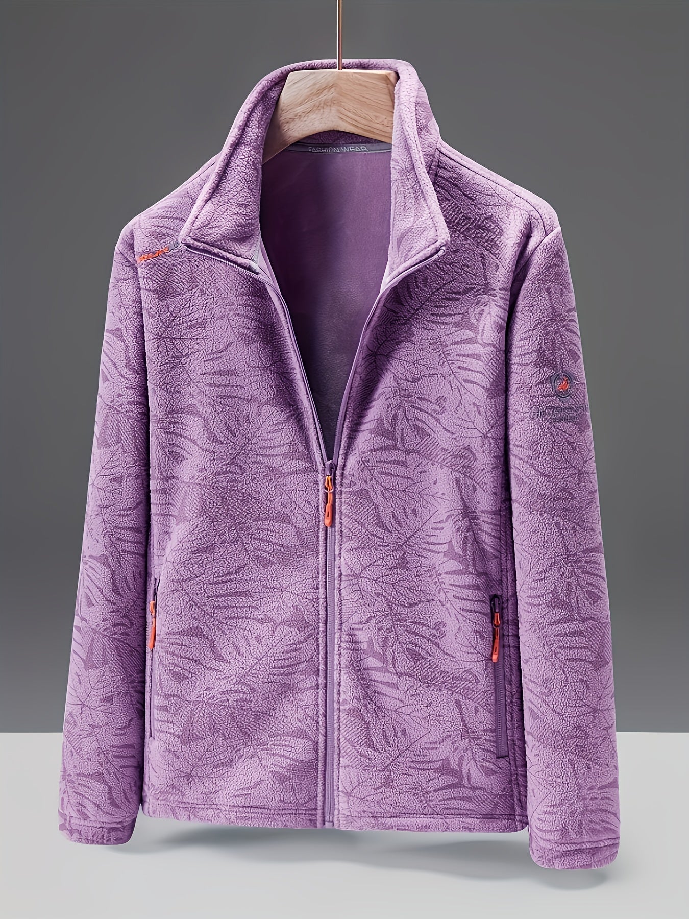 Fleecejacke Damen mit Stehkragen - Blätter-Print - Zwei Reißverschlusstaschen