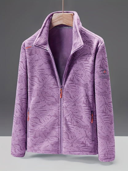 Fleecejacke Damen mit Stehkragen - Blätter-Print - Zwei Reißverschlusstaschen