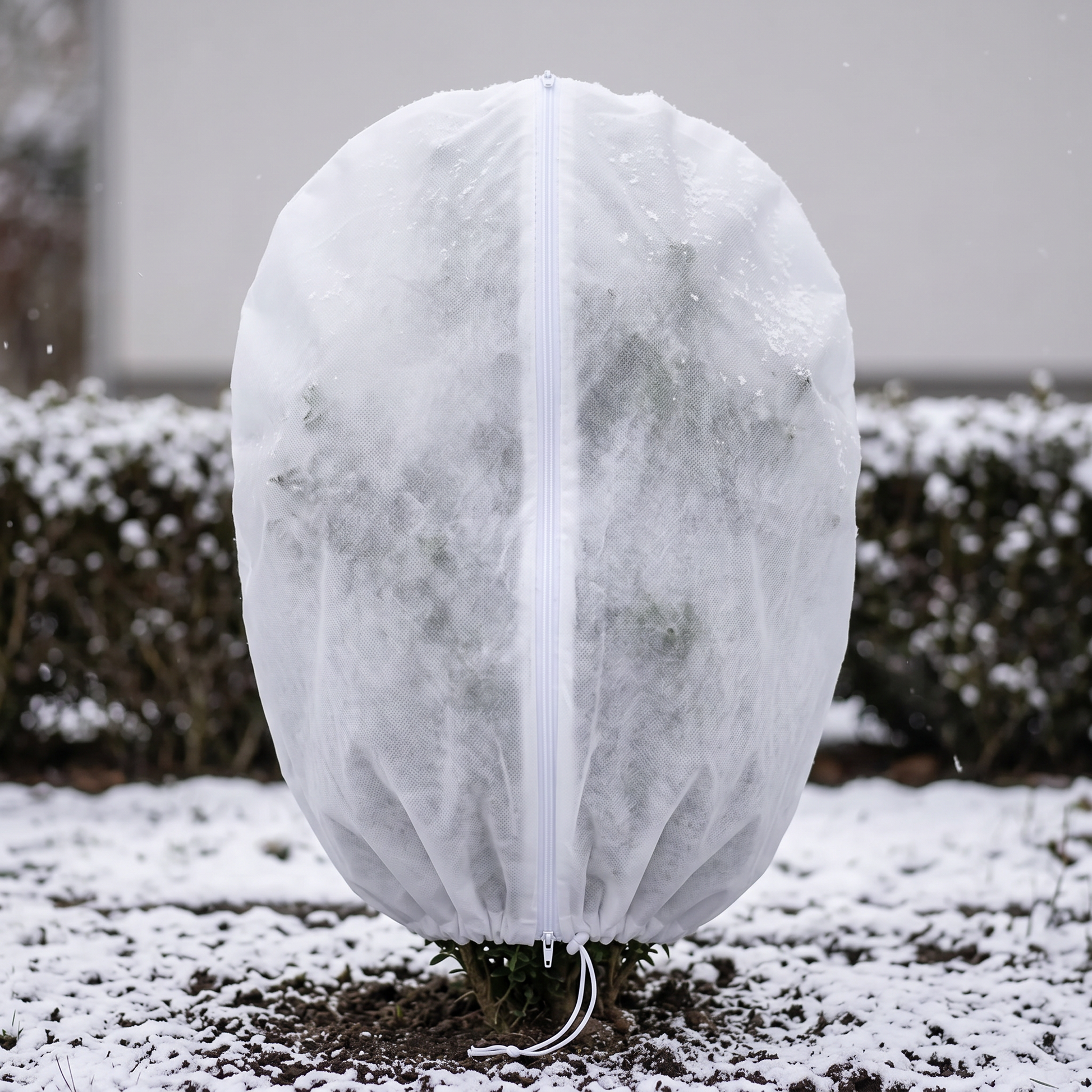 Pflanzenschutzhaube über einer Kübelpflanze im winterlichen Garten bei Raureif