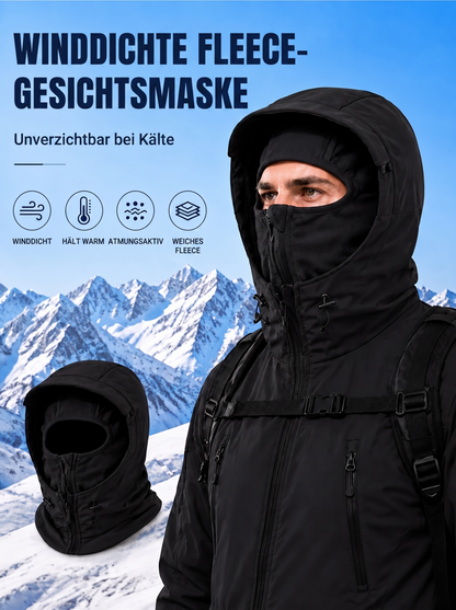Winddichte Fleece-Gesichtsmaske der schwarzen Softshelljacke, integriert in der Kapuze