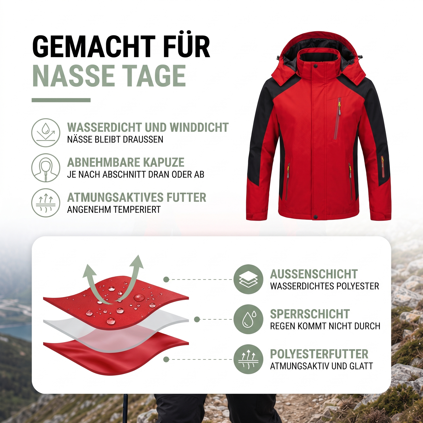 Übergangsjacke Herren - Wasserdicht & Winddicht - Abnehmbare Kapuze
