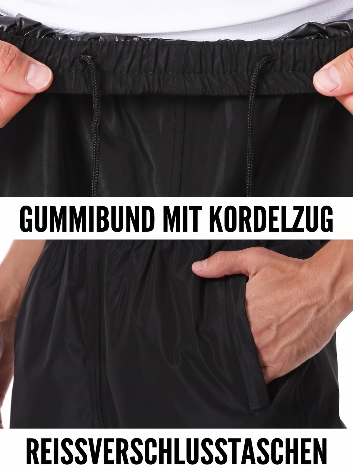 Regenhose mit Gummibund, Kordelzug und Reißverschlusstaschen