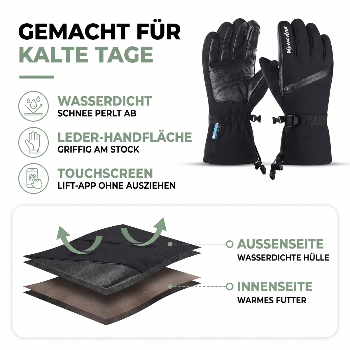 Skihandschuhe wasserdicht - Touchscreen - Leder-Handfläche