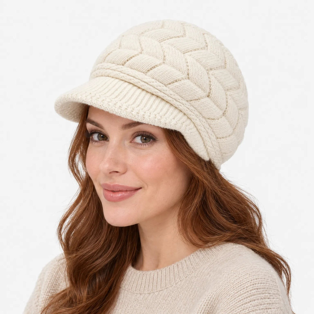 Strickmütze Damen mit Schirm in Beige von vorne