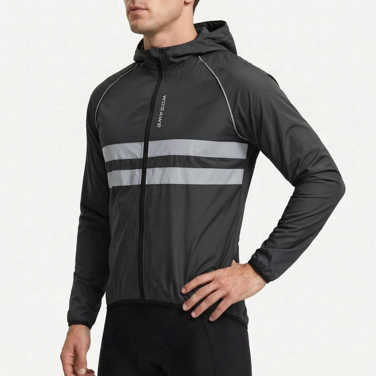 Schwarze Herren Fahrradjacke reflektierend mit Stehkragen und schmalen Bündchen
