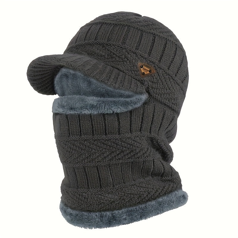 Graue Strick-Balaclava mit Schirm und Plüschfutter, Vorderansicht