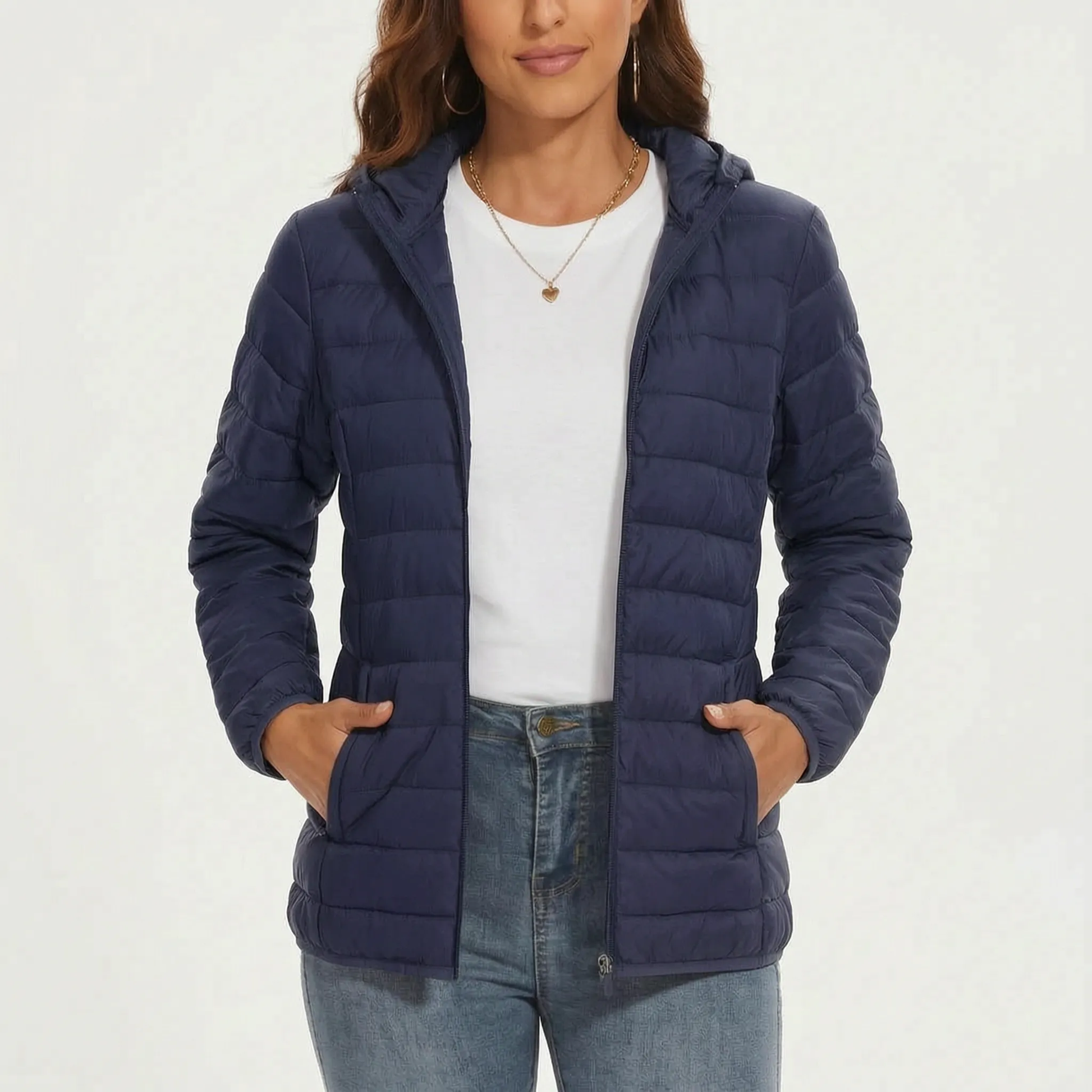Leichte Steppjacke für Damen in Marineblau mit Kapuze und Reißverschlusstaschen