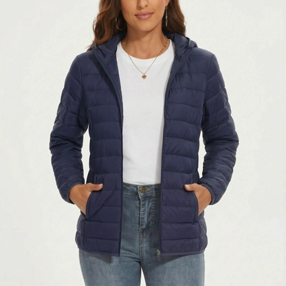 Leichte Steppjacke für Damen in Marineblau mit Kapuze und Reißverschlusstaschen