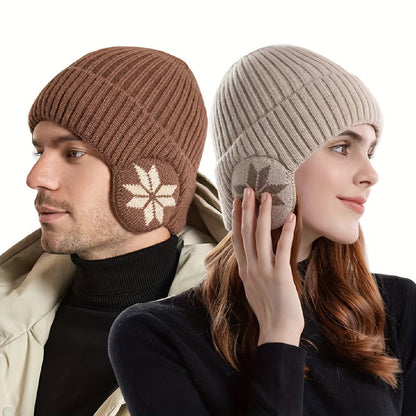 Mütze mit Ohrenklappen - Strickmütze Unisex - Schneeflockenmuster