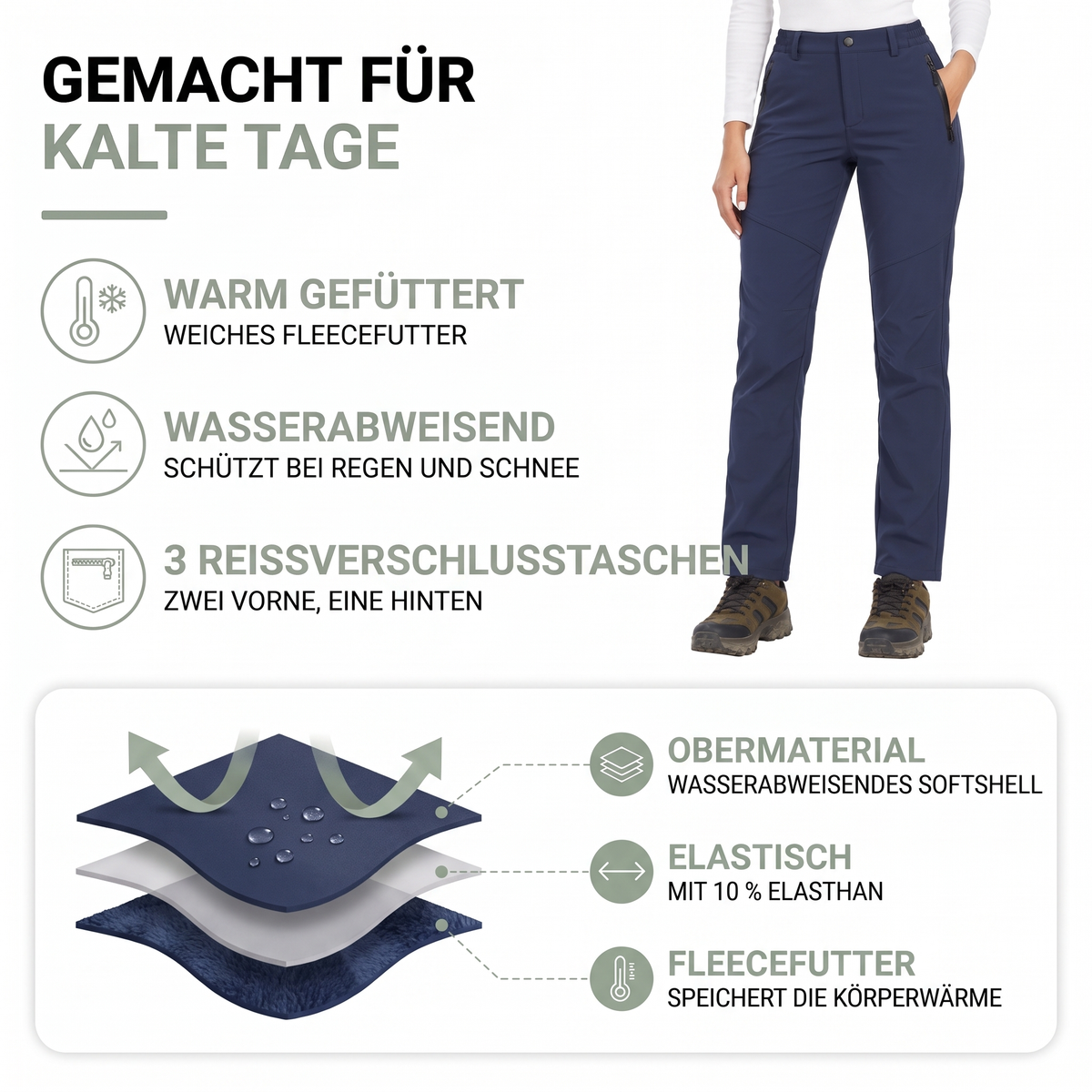 Materialaufbau der Thermohose für Damen: wasserabweisendes Softshell außen, Fleecefutter innen