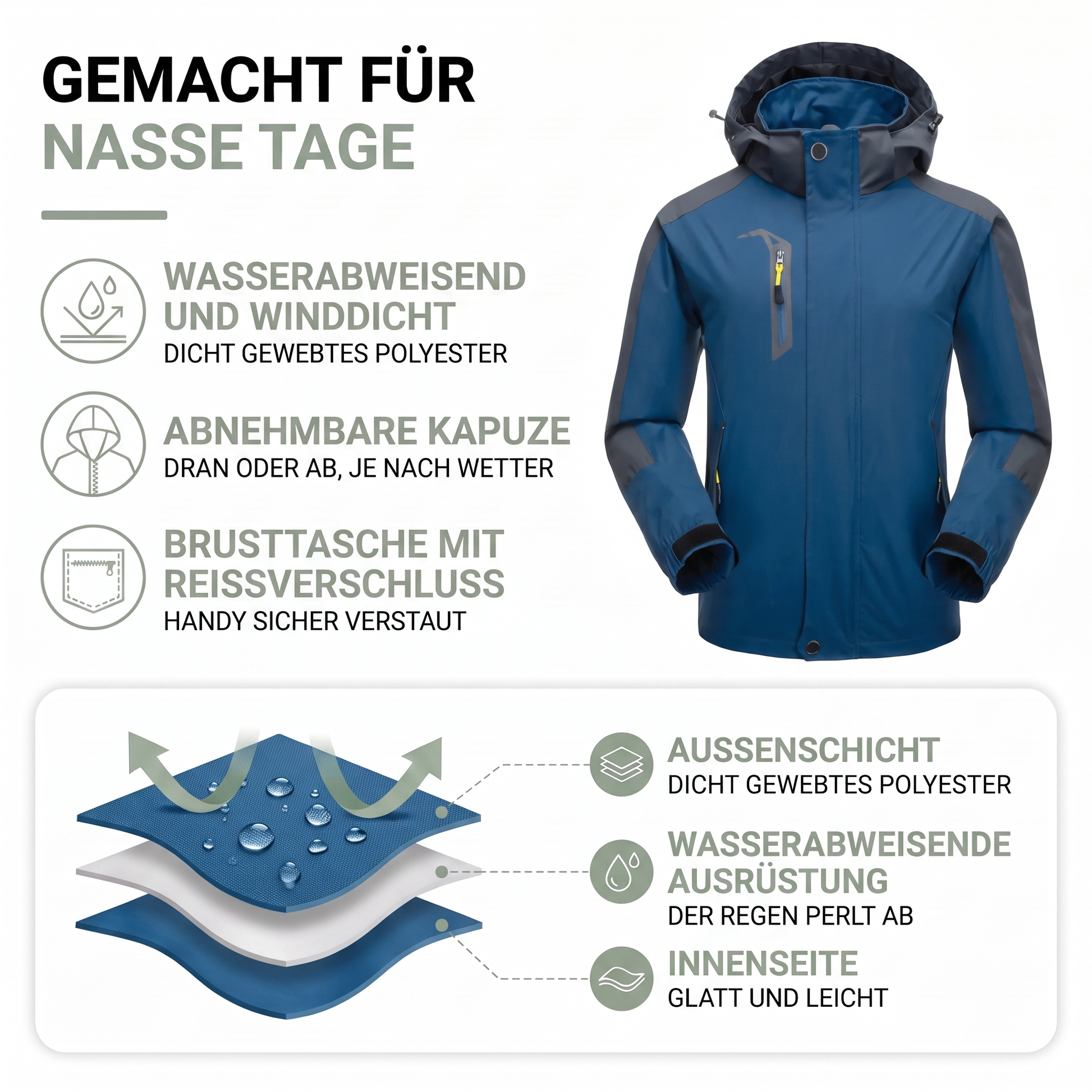 Regenjacke Herren - Wasserabweisend & Winddicht - Abnehmbare Kapuze