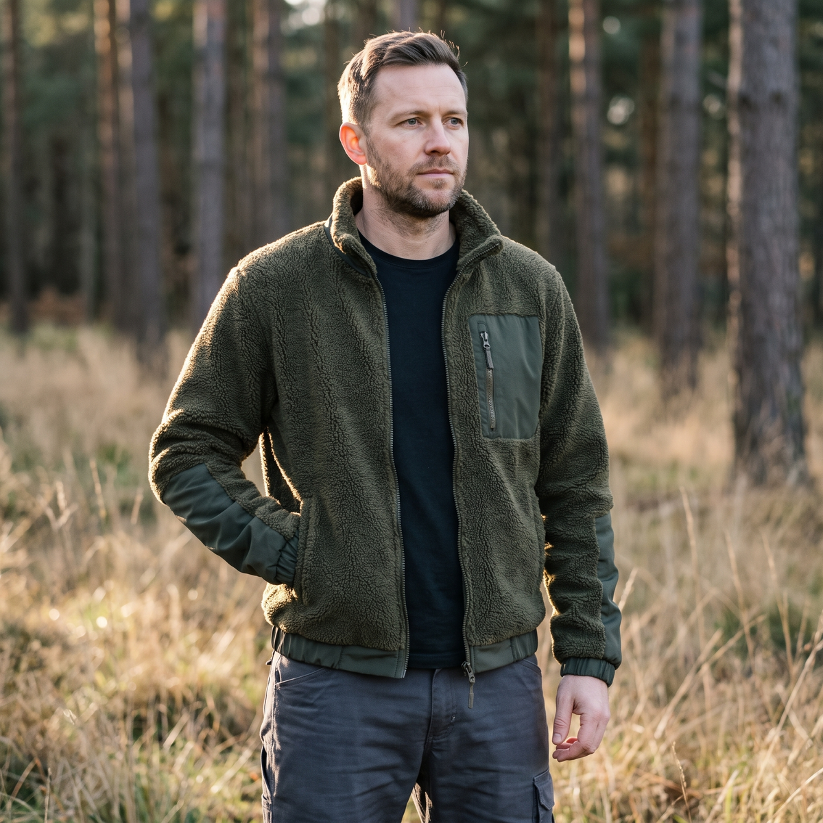 Mann trägt die olivgrüne Sherpajacke mit Stehkragen am Waldrand
