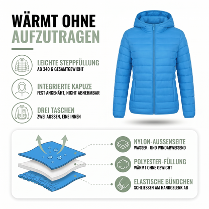 Aufbau der Steppjacke: wasserabweisende Nylon-Außenseite, Polyester-Füllung und elastische Bündchen