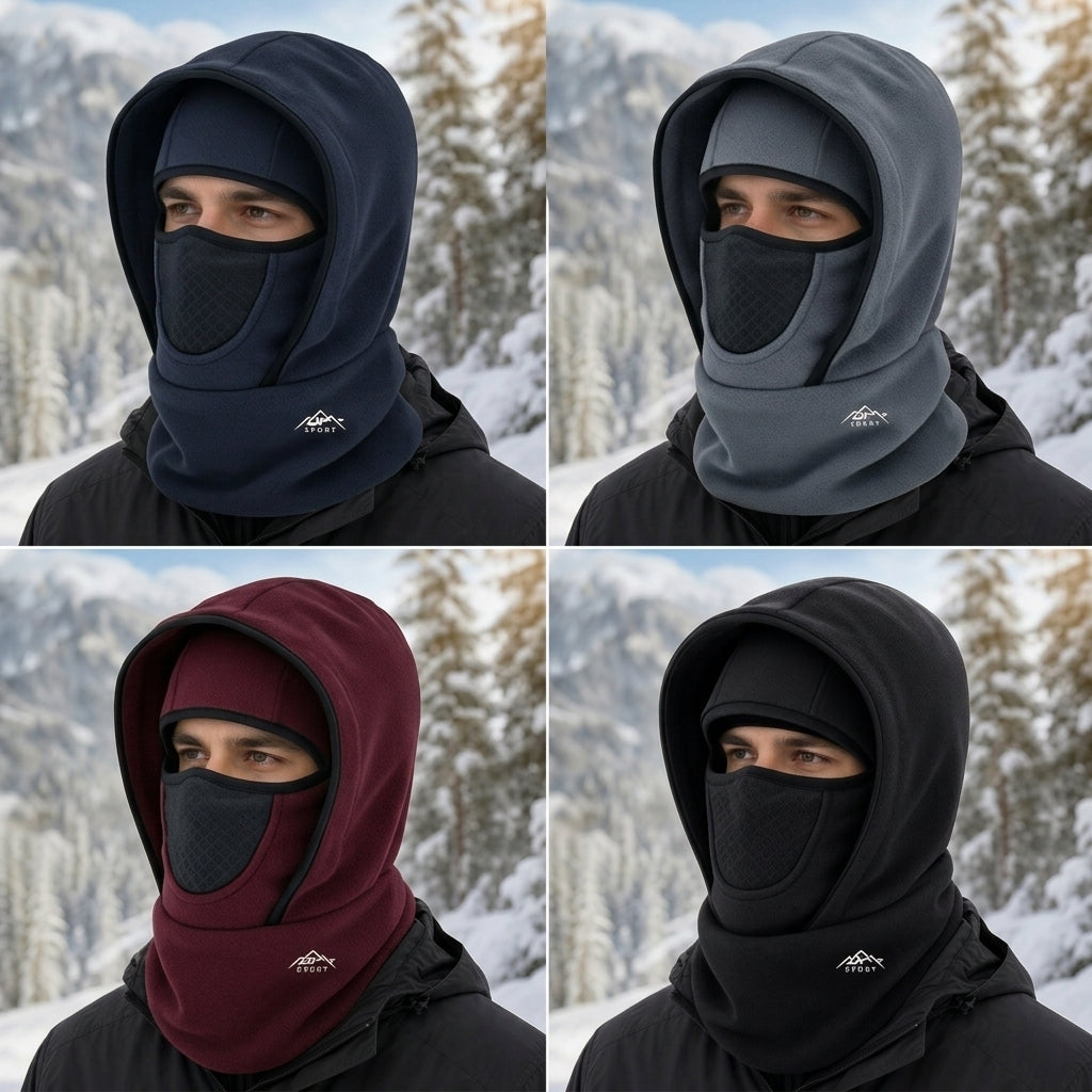 Fleece Balaclava in Dunkelblau, Grau, Weinrot und Schwarz am Model
