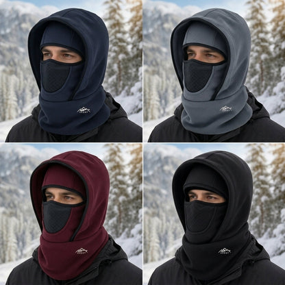 Fleece Balaclava in Dunkelblau, Grau, Weinrot und Schwarz am Model