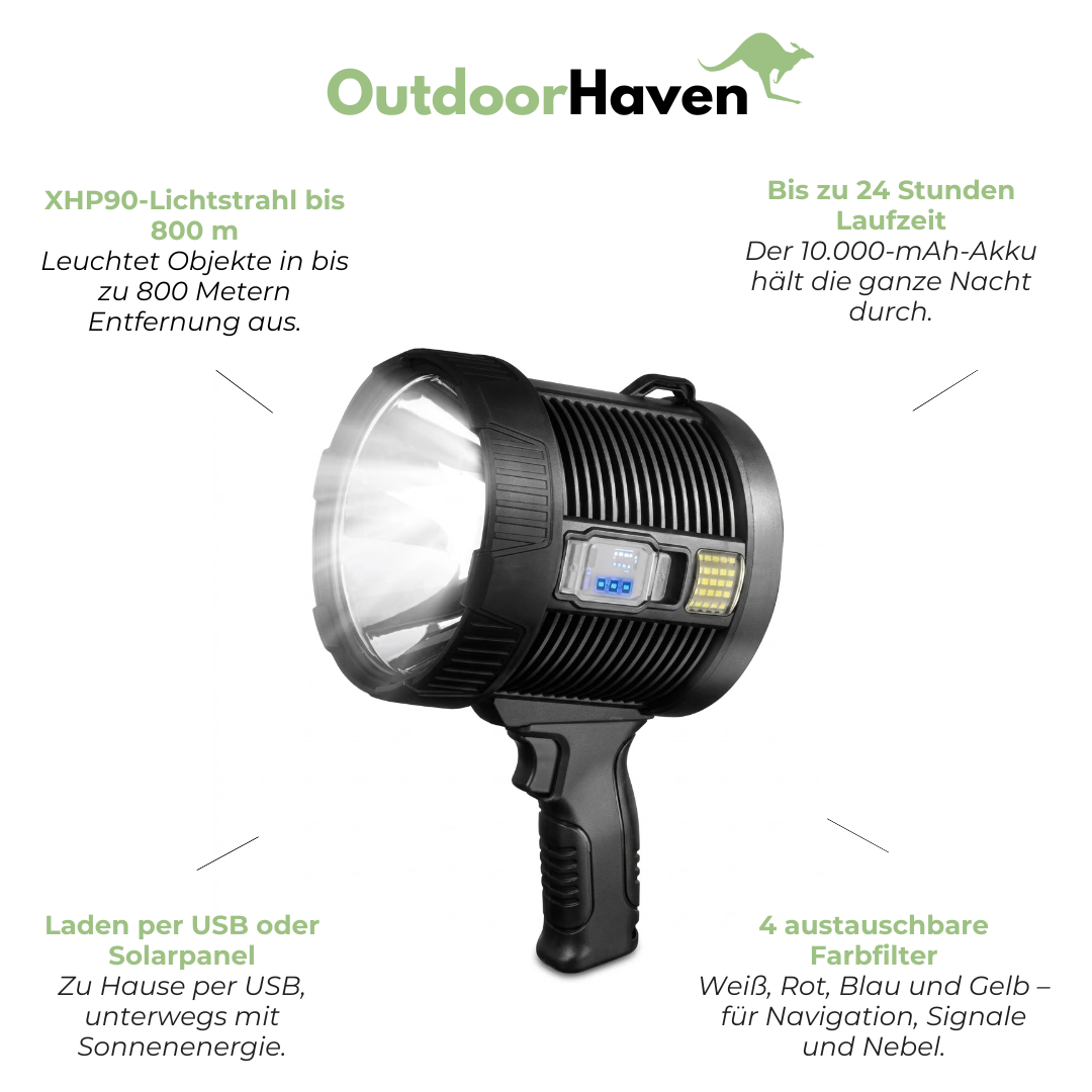 LED-Suchscheinwerfer 10.000 Lumen – Solar USB - Wiederaufladbar
