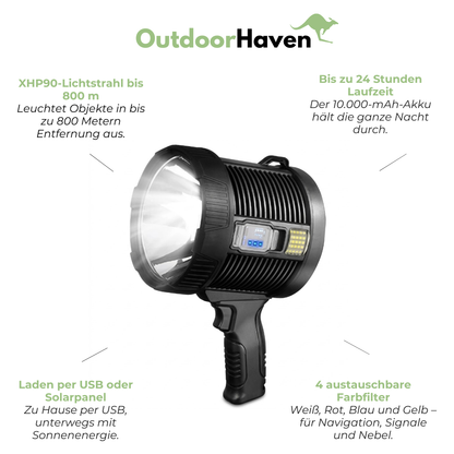 LED-Suchscheinwerfer 10.000 Lumen – Solar USB - Wiederaufladbar