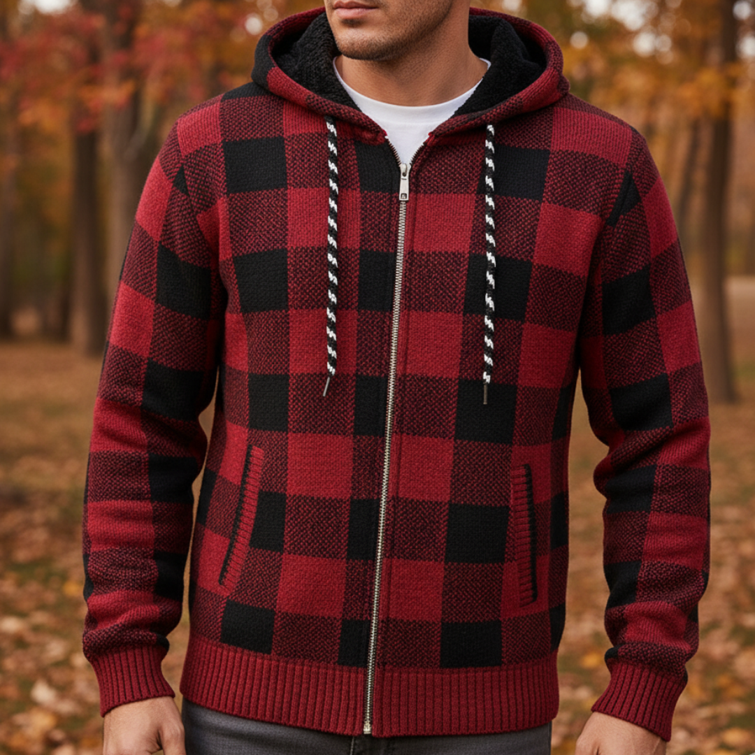 Strickjacke Herren mit Kapuze - Karo-Design - Warmes Fleecefutter