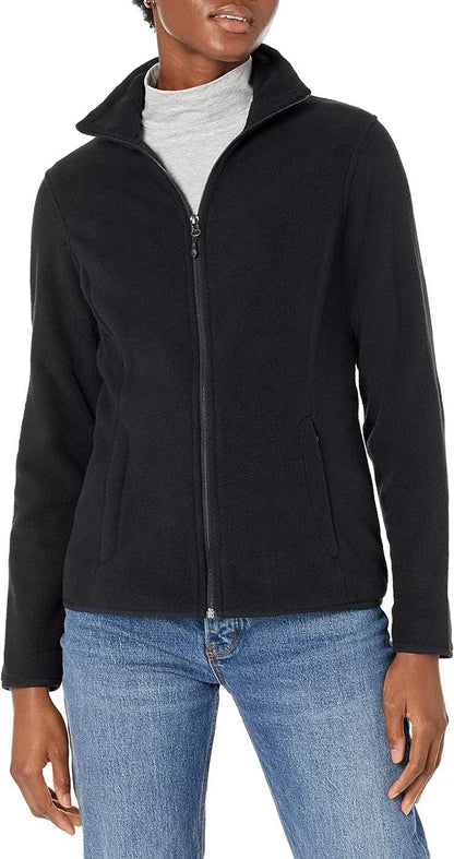 Schwarze Damen-Fleecejacke mit Stehkragen, seitlich getragen