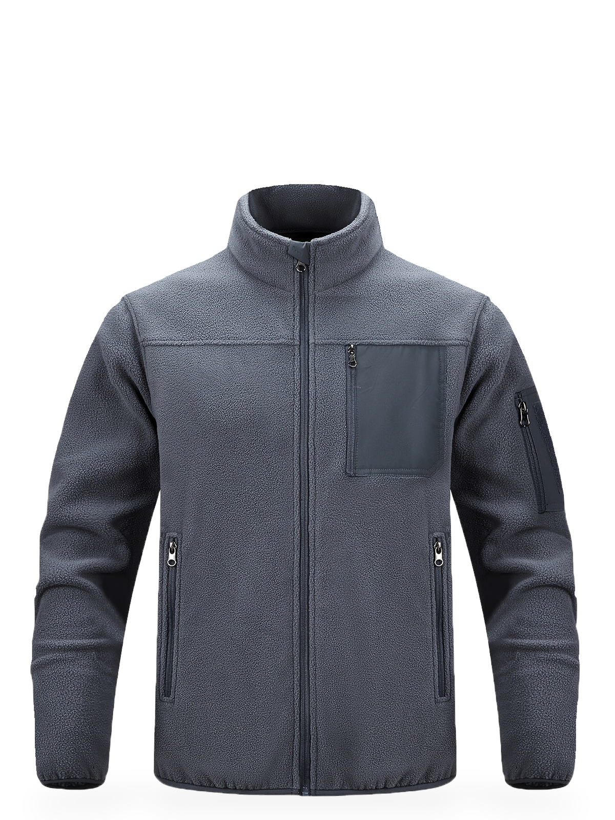 Schiefergraue Fleecejacke mit Stehkragen und Brusttasche von vorn