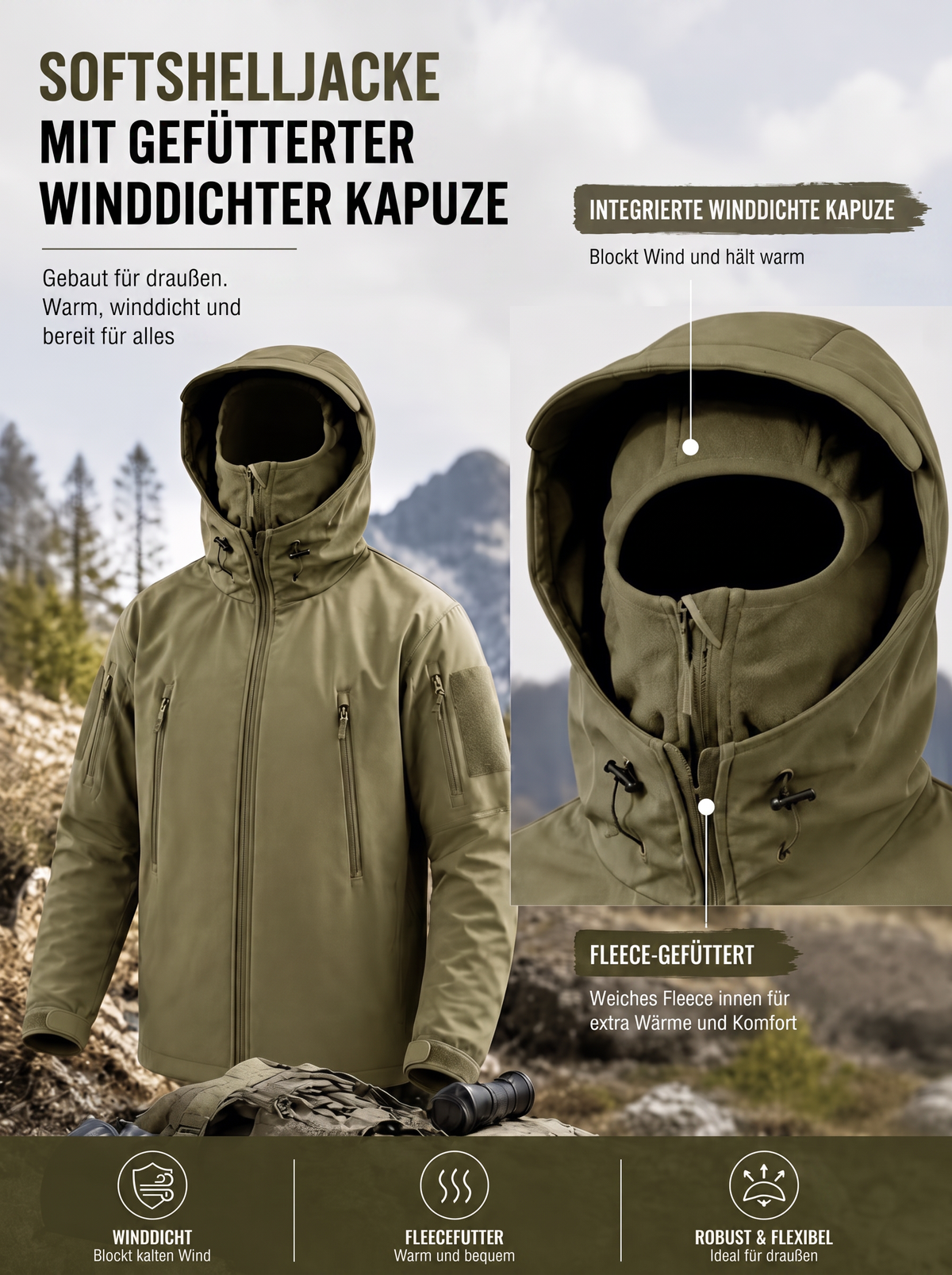 Olivgrüne Softshelljacke mit gefütterter winddichter Kapuze, Detailansicht