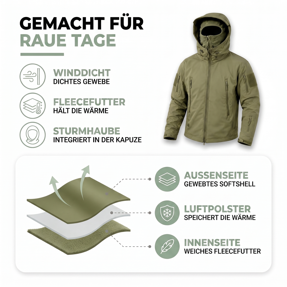 Materialaufbau der Softshelljacke: gewebtes Softshell, Luftpolster, weiches Fleecefutter
