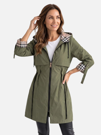 Übergangsjacke Damen mit Kapuze - Parka mit Karo-Futter - Tunnelzug