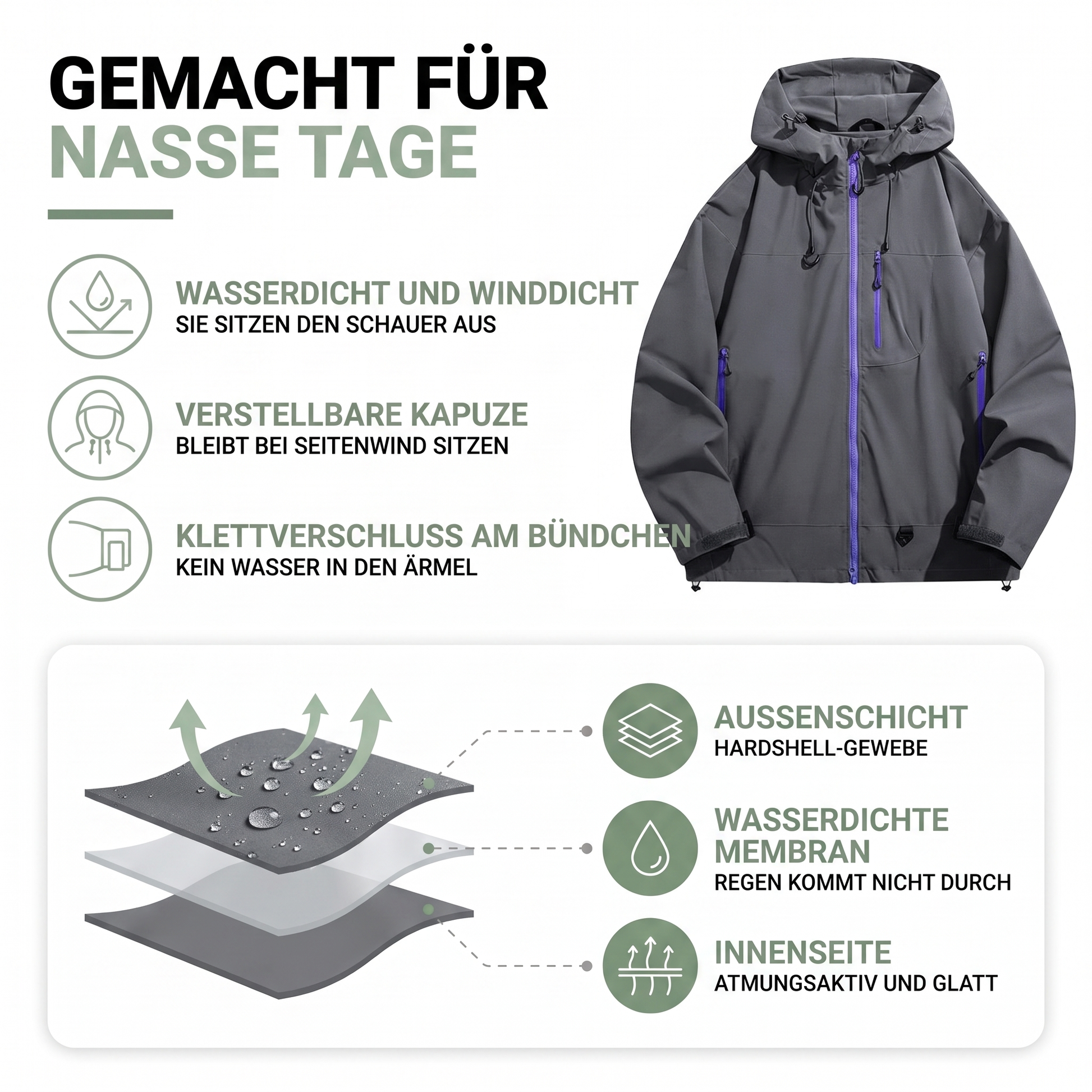 Regenjacke Unisex - Wasserdicht & Winddicht - Verstellbare Kapuze