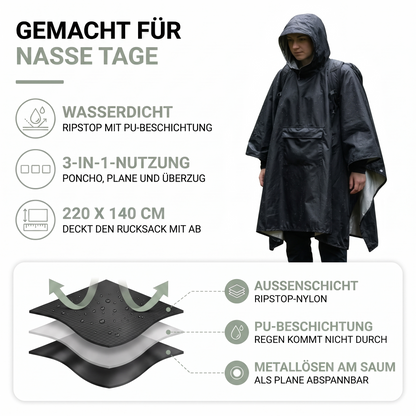 Regenponcho wasserdicht mit Kapuze - 3-in-1 Poncho, Tarp & Schlafsackschutz