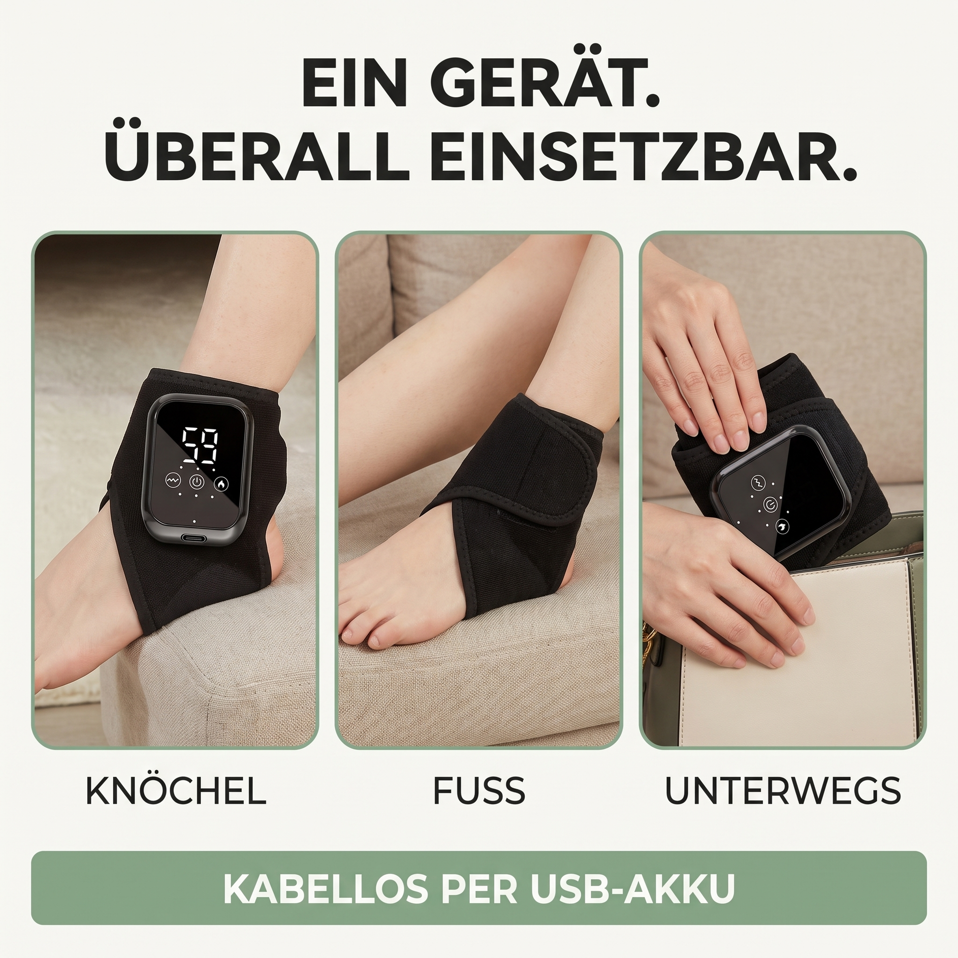 Fußmassagegerät Elektrisch - Wärme & Vibration - USB-Akku für den Knöchel - Groessentabelle und Anwendung
