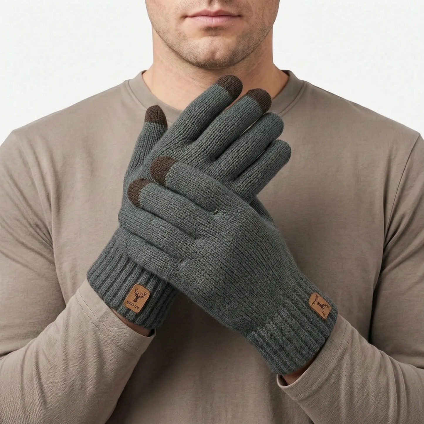 Strickhandschuhe Herren mit Touchscreen-Fingerkuppen und Fleecefutter – Ansicht 3