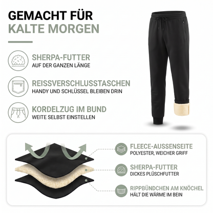 Aufbau der Jogginghose: Fleece-Außenseite, Sherpa-Futter und Rippbündchen