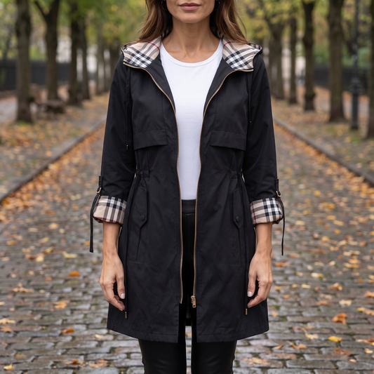 Übergangsjacke Damen mit Kapuze - Parka mit Karo-Futter - Tunnelzug