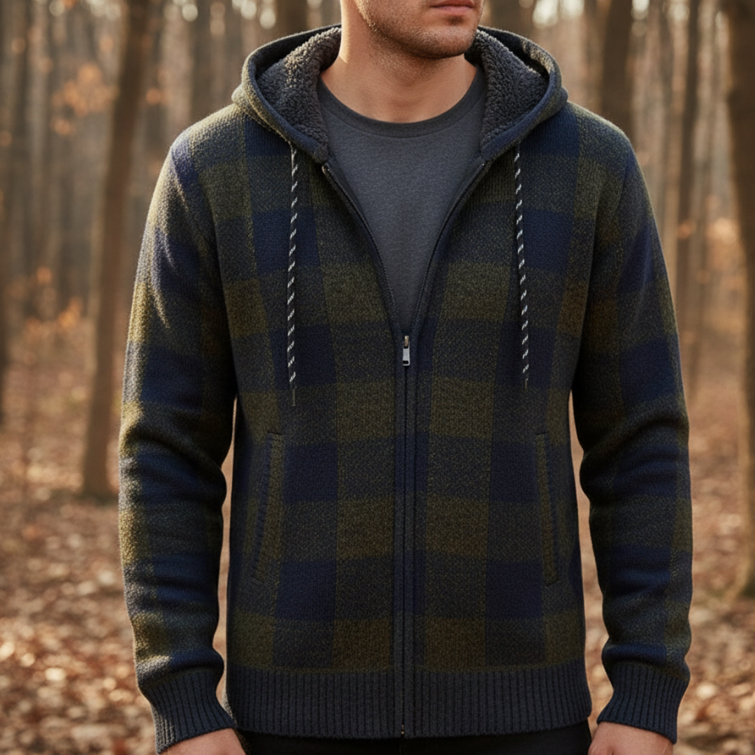 Strickjacke Herren mit Kapuze - Karo-Design - Warmes Fleecefutter