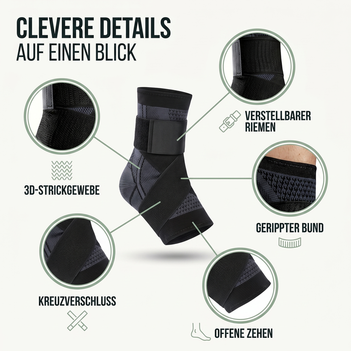Sprunggelenkbandage - Verstellbarer Kompressionsriemen - Atmungsaktives Strickgewebe - Clevere Details
