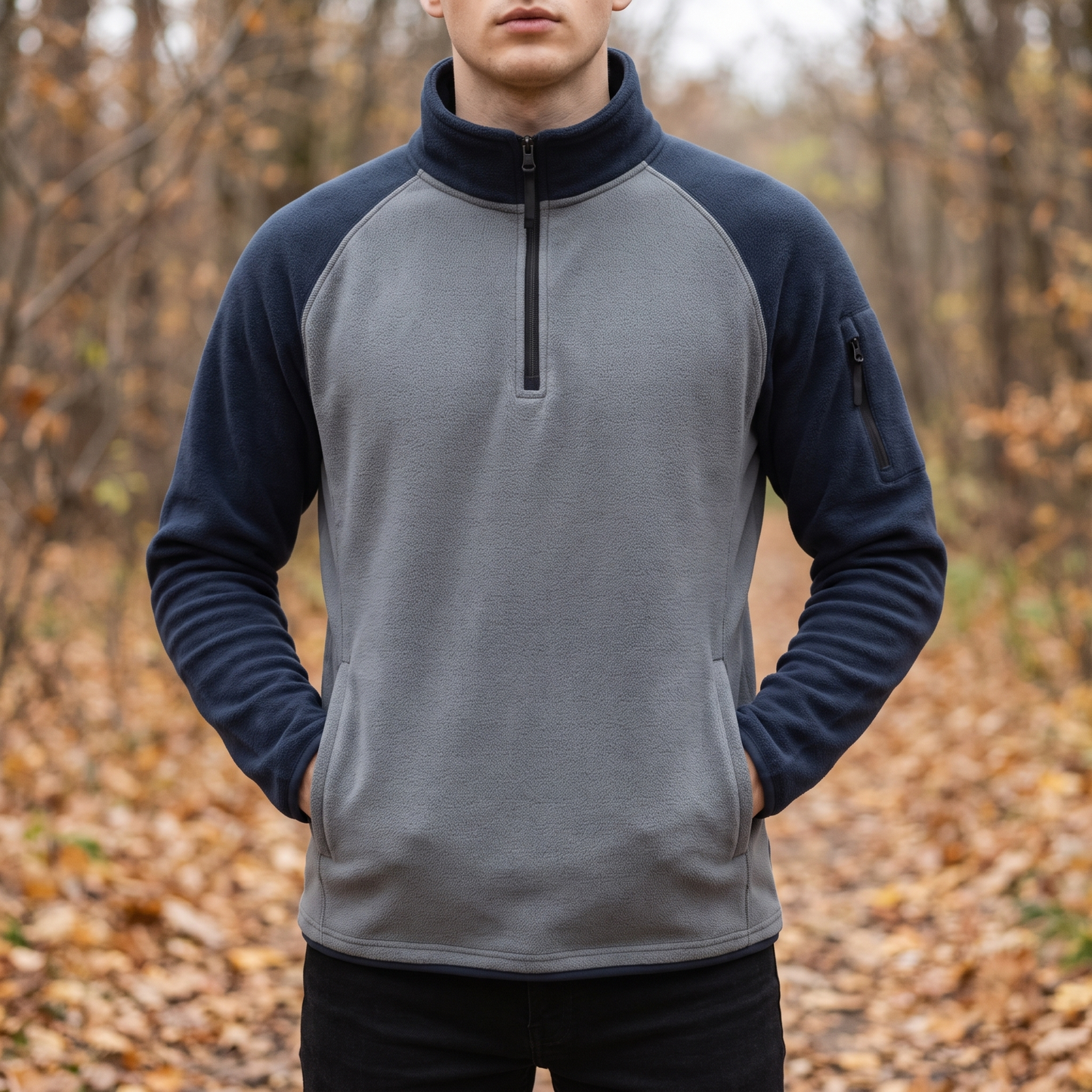 Fleecepullover Herren - Half-Zip - zweifarbig