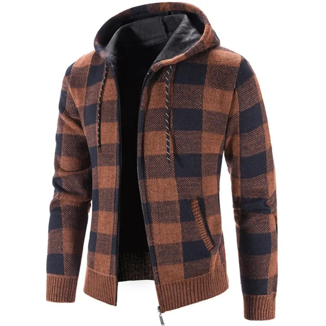 Strickjacke Herren mit Kapuze - Karo-Design - Warmes Fleecefutter
