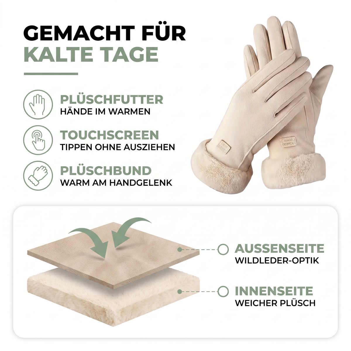 Touchscreen Handschuhe Damen - Plüschfutter - beige