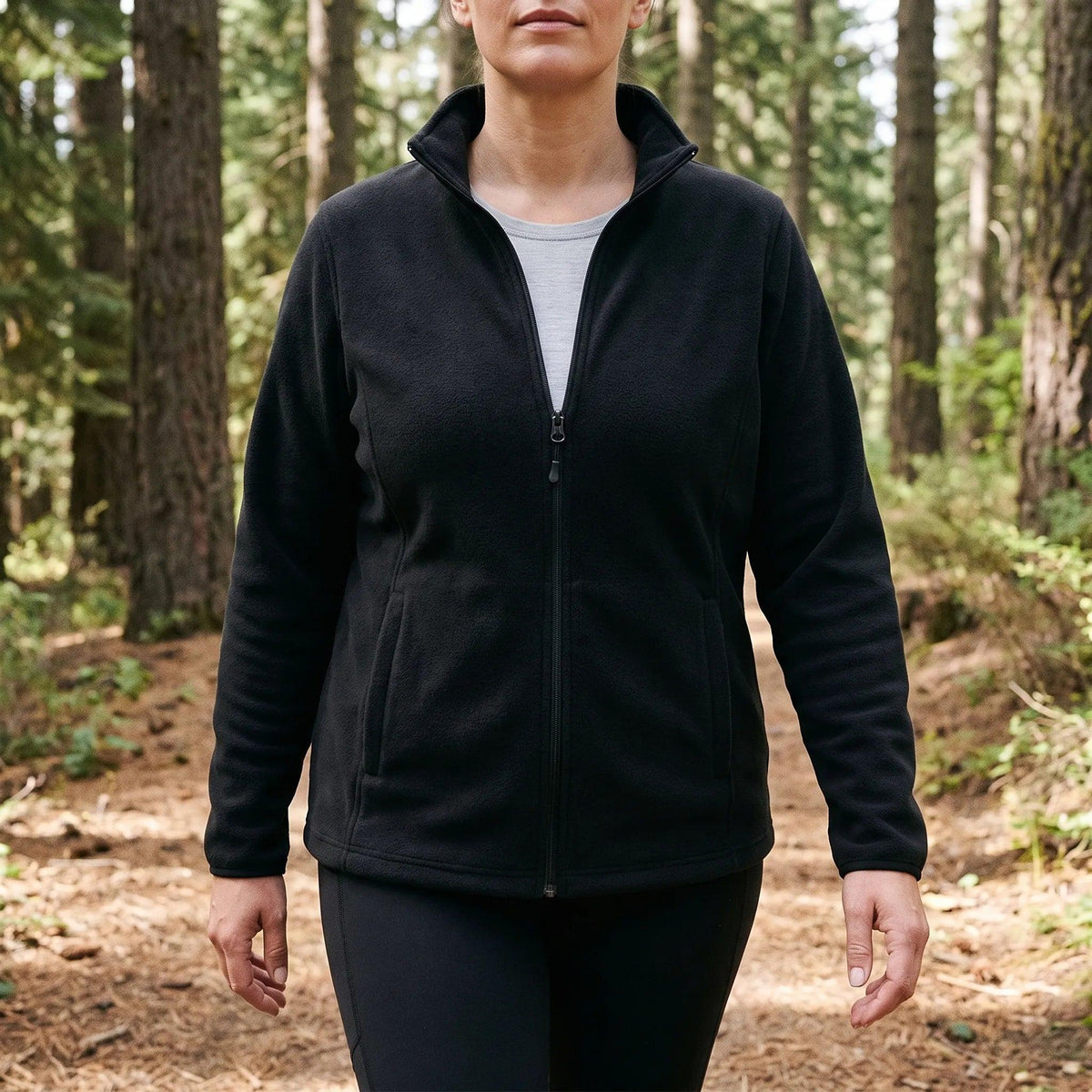 Frau in der schwarzen Fleecejacke auf einem Waldweg
