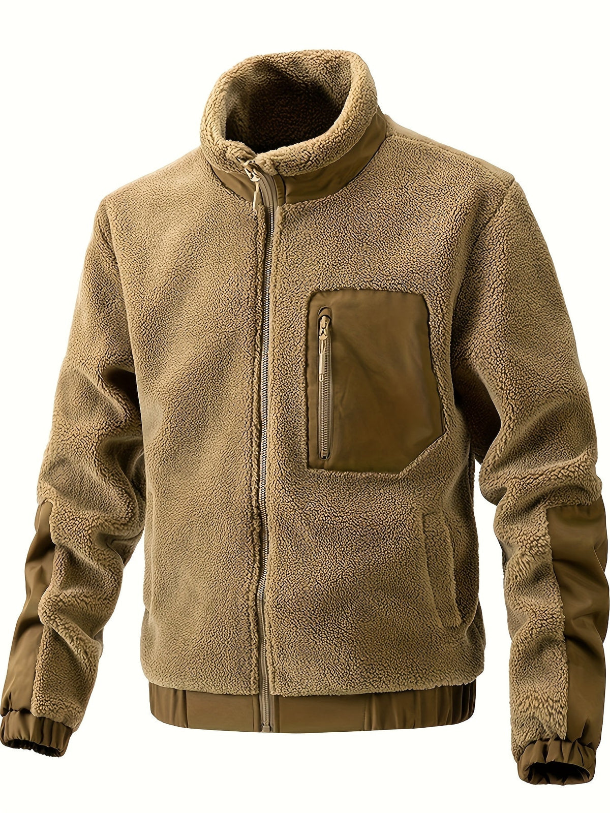 Sherpajacke in Camel mit Stehkragen von vorn