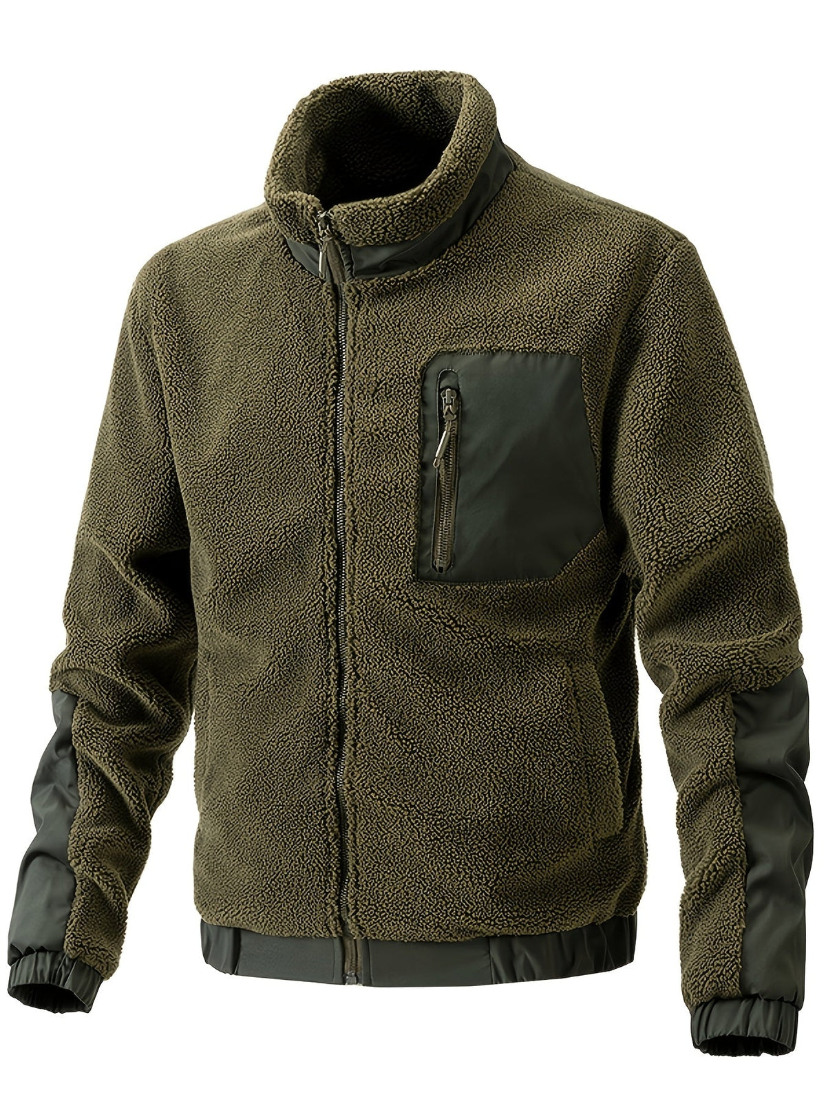 Olivgrüne Sherpajacke mit Stehkragen und Brusttasche von vorn