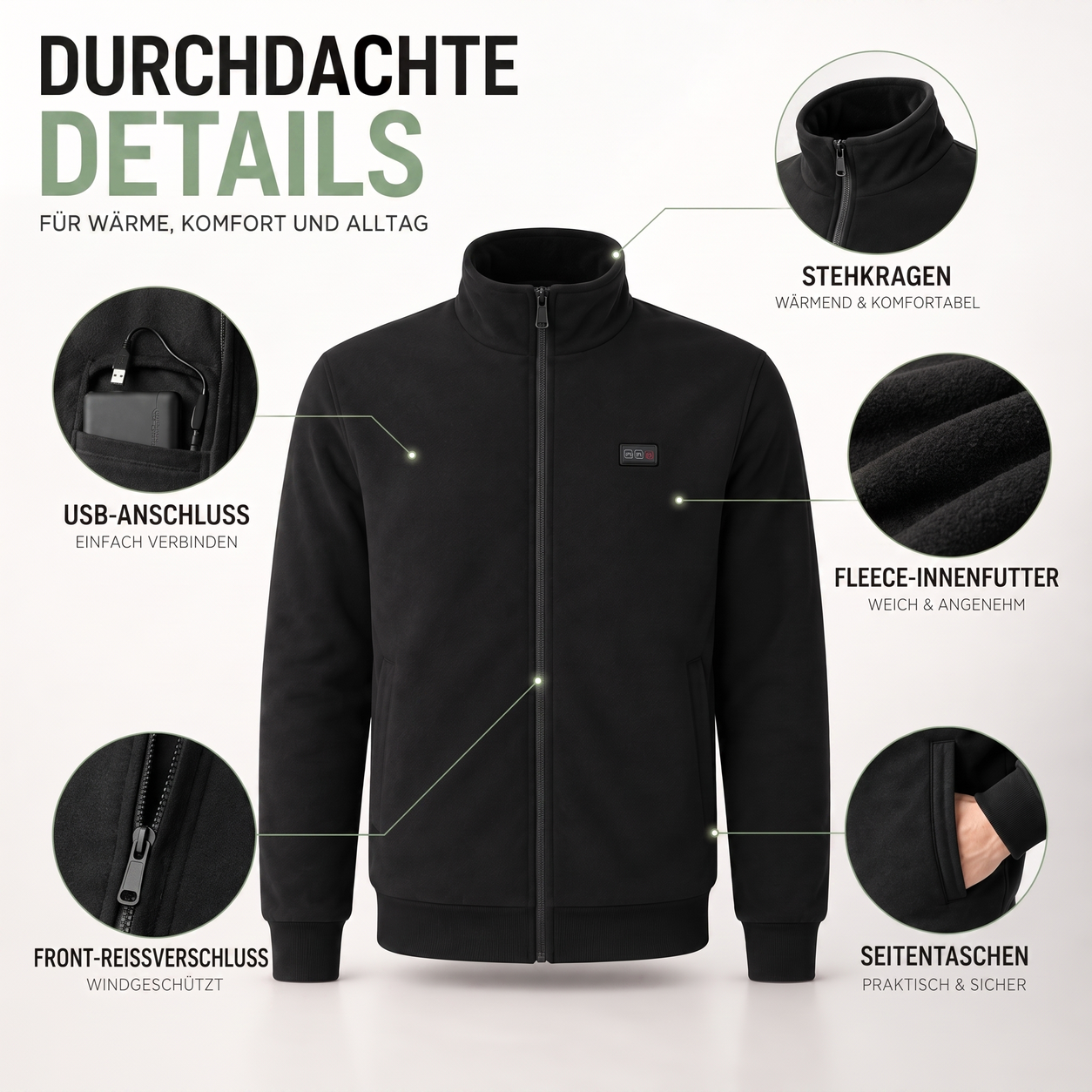 Beheizte Jacke - 8 Heizzonen & Fleecefutter - Wasserdicht, Unisex